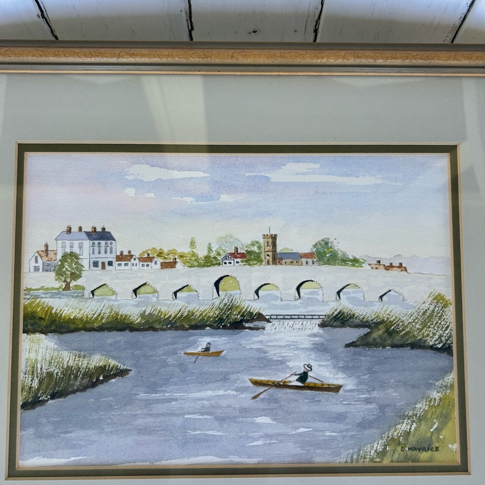 Framed Watercolor Painting fo a European Town, Rowboats by the Bridge - Picture 2 of 8